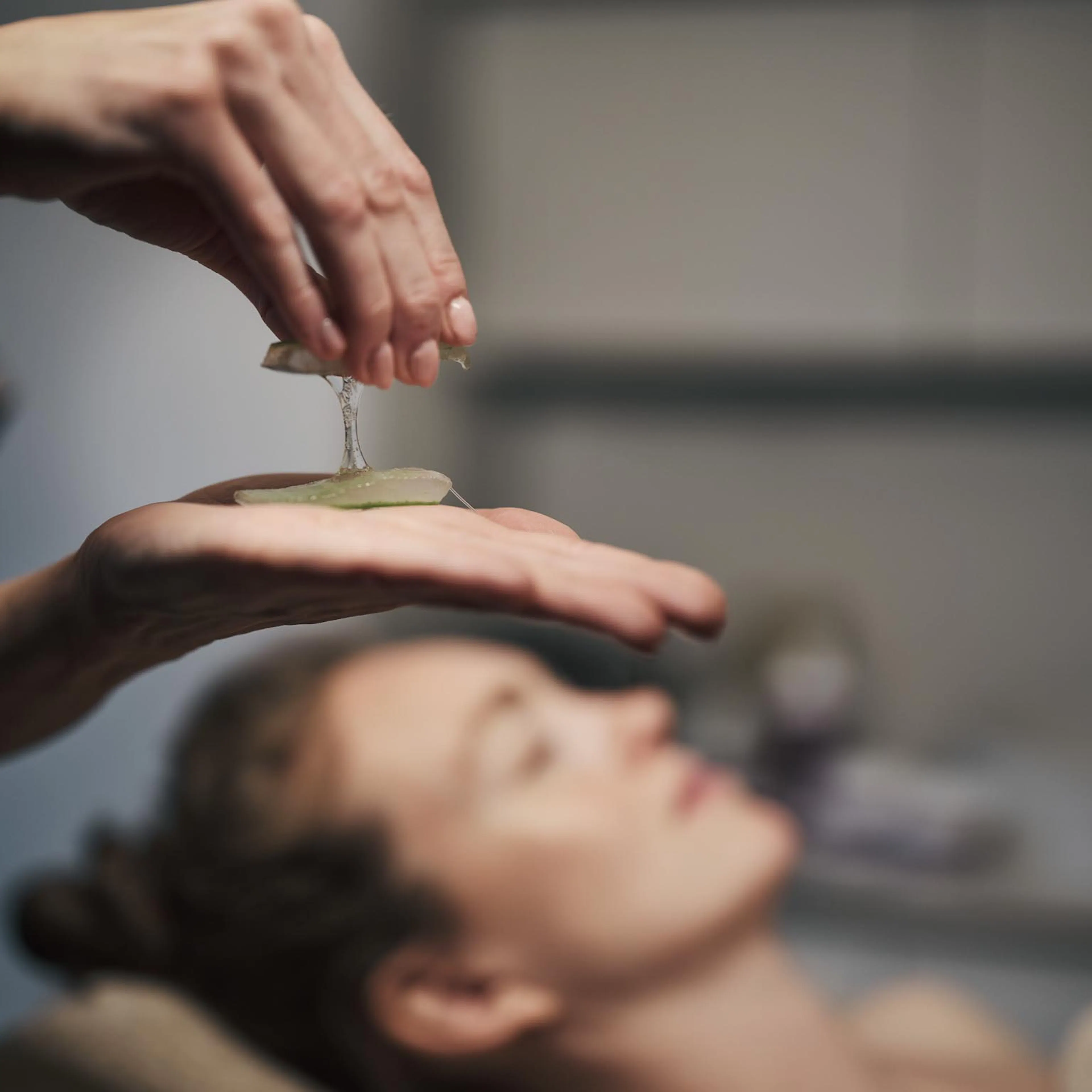 Kosmetikerin behandelt mit einer Aloe Vera Pflanze im Spa des Alpenrose Familux Resorts.