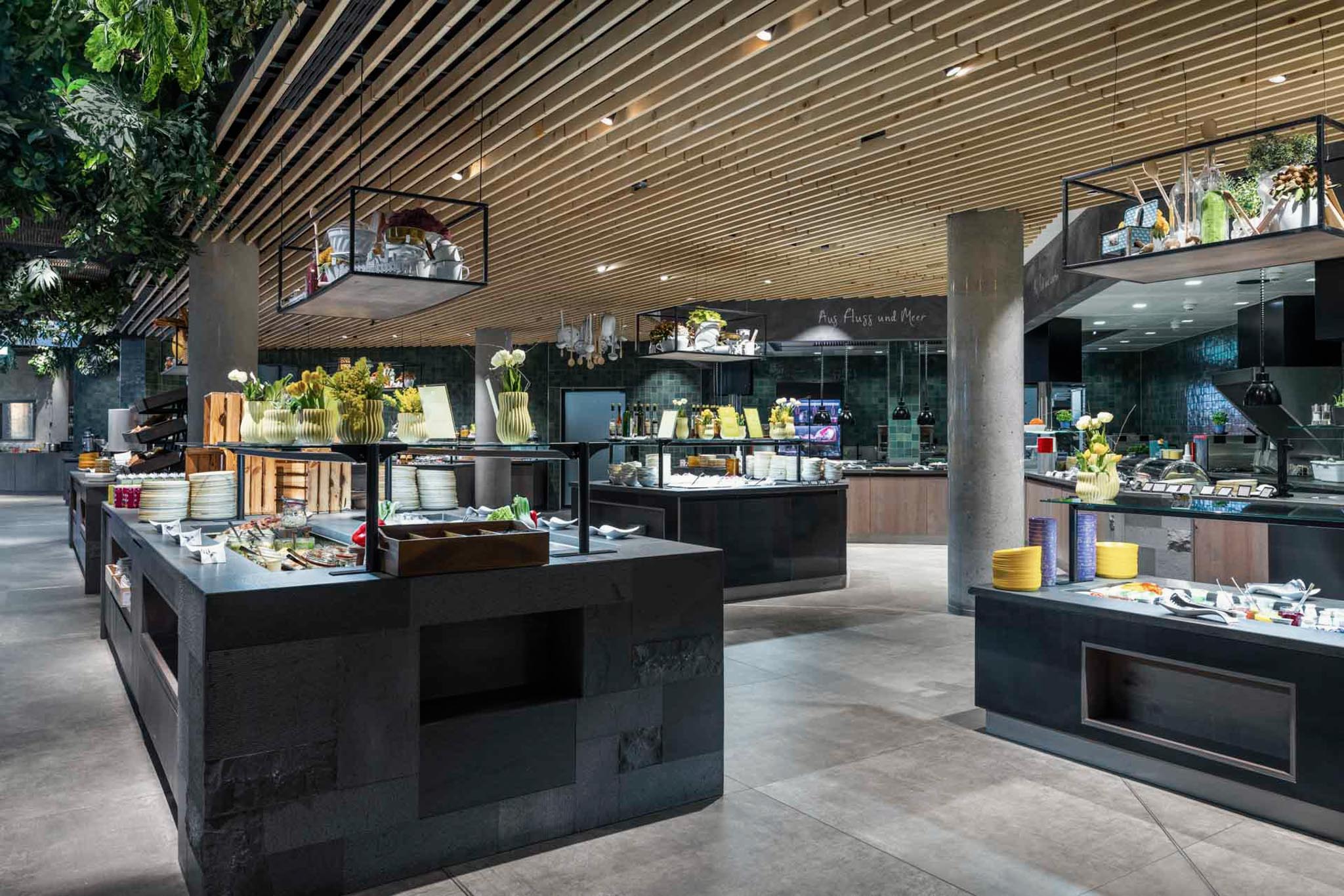 Buffet area with various stations at The Grand Green – Familux Resort.