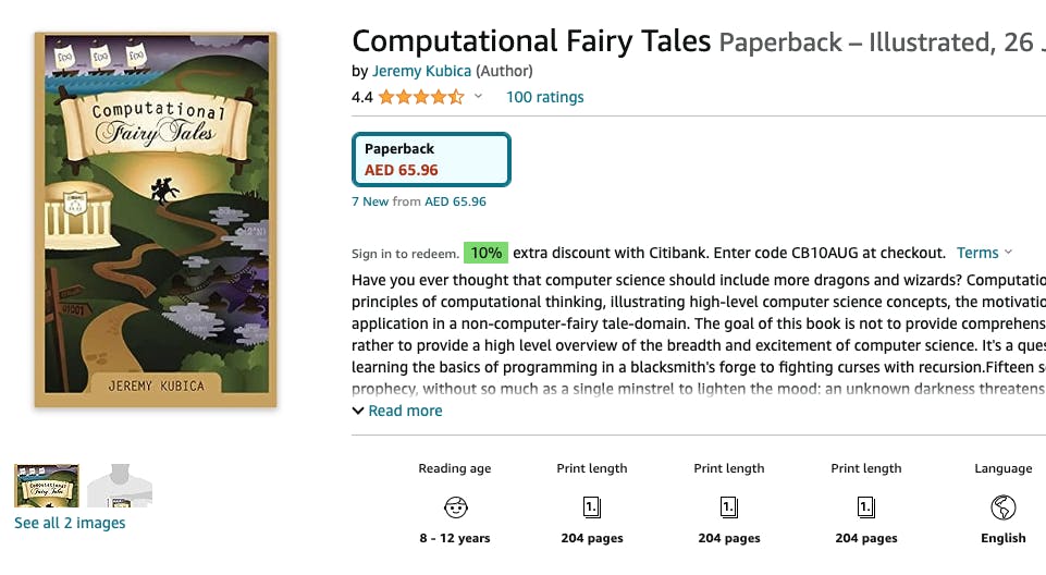 Screenshot from the Amazon sales page, with the book cover of Computational Fairy Tales showing an illustration of a path leading to a man on a horse.