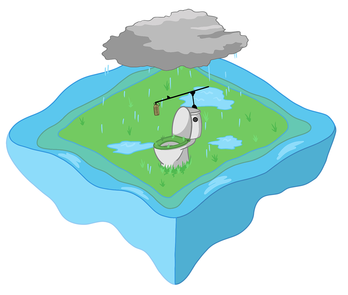An island covered with grass and a rain cloud hovering over it.