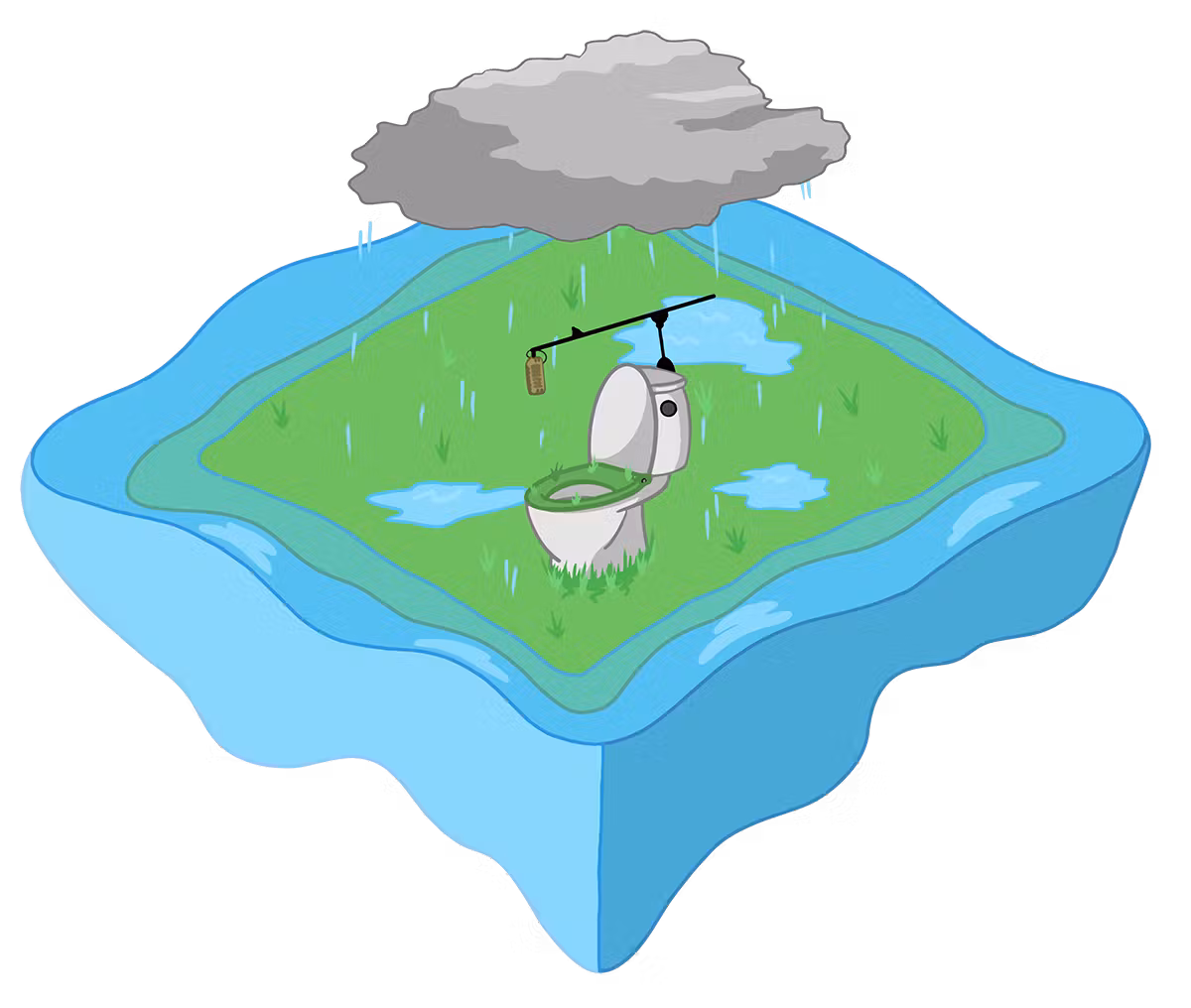 An island covered with grass and a rain cloud hovering over it.