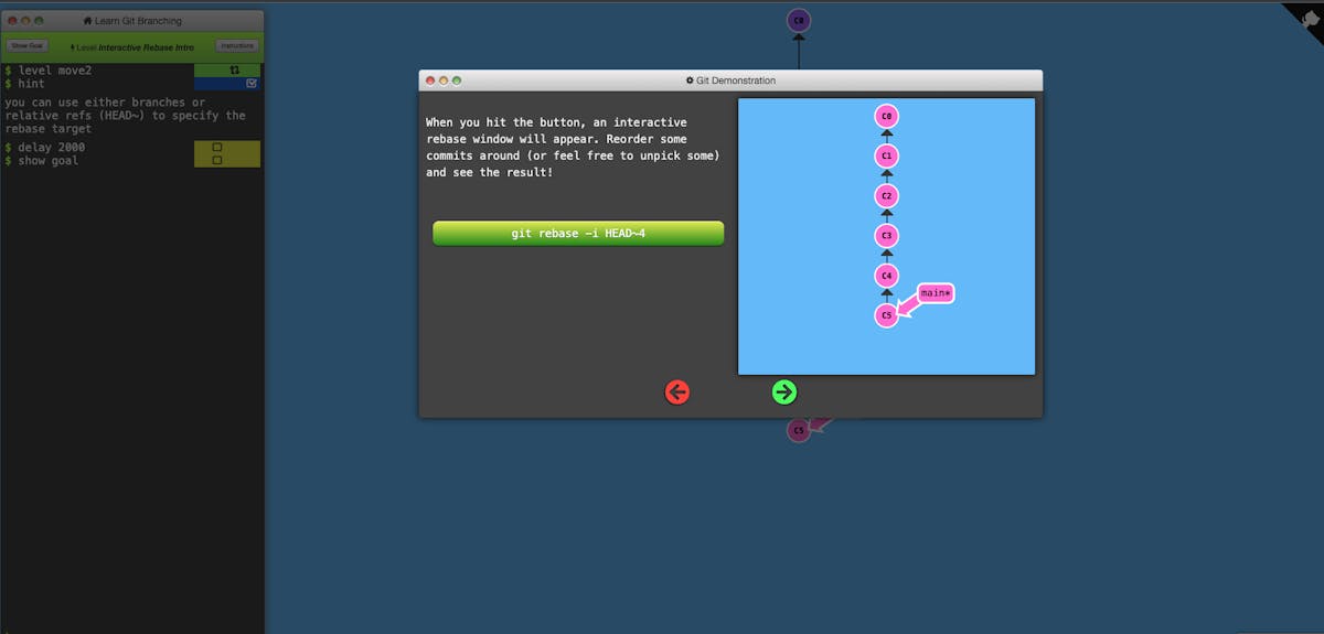A screenshot of the platform for learning git, showing a diagram of dots representing individual commits.