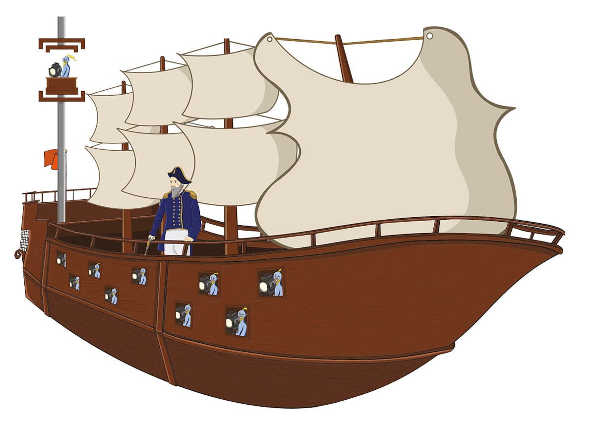 A flying sailing ship, with a captain and crew members.