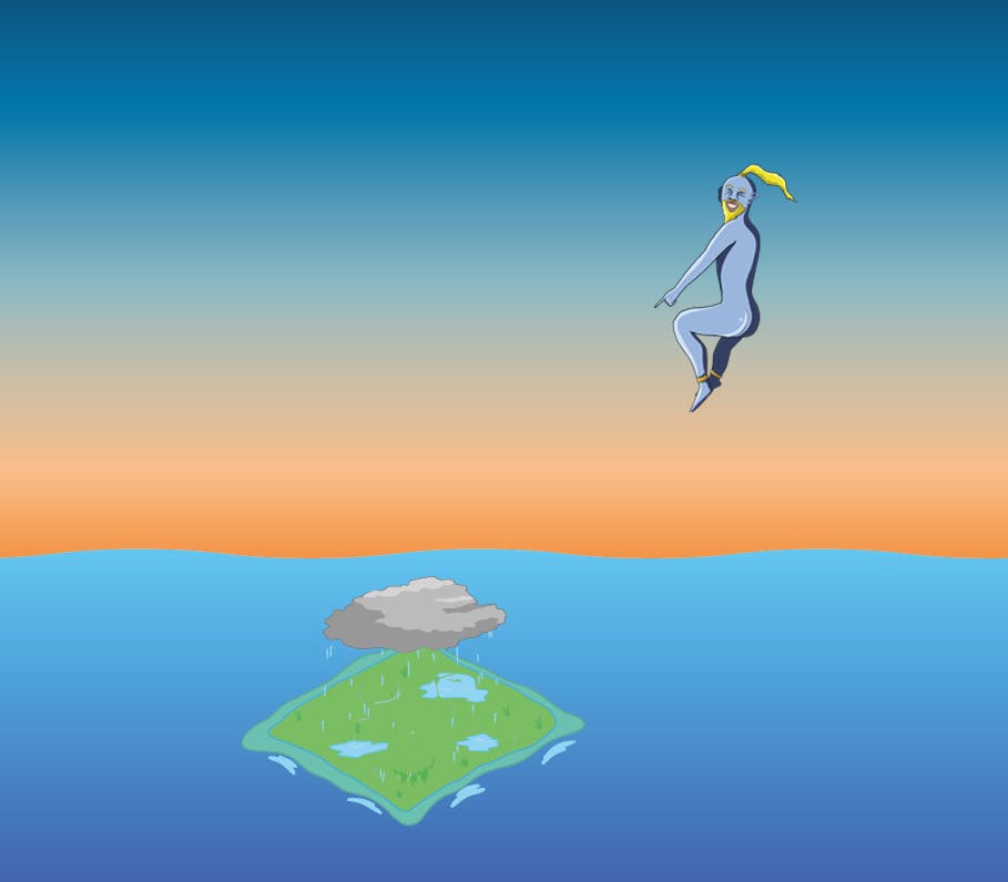 A genie points down at a value island below