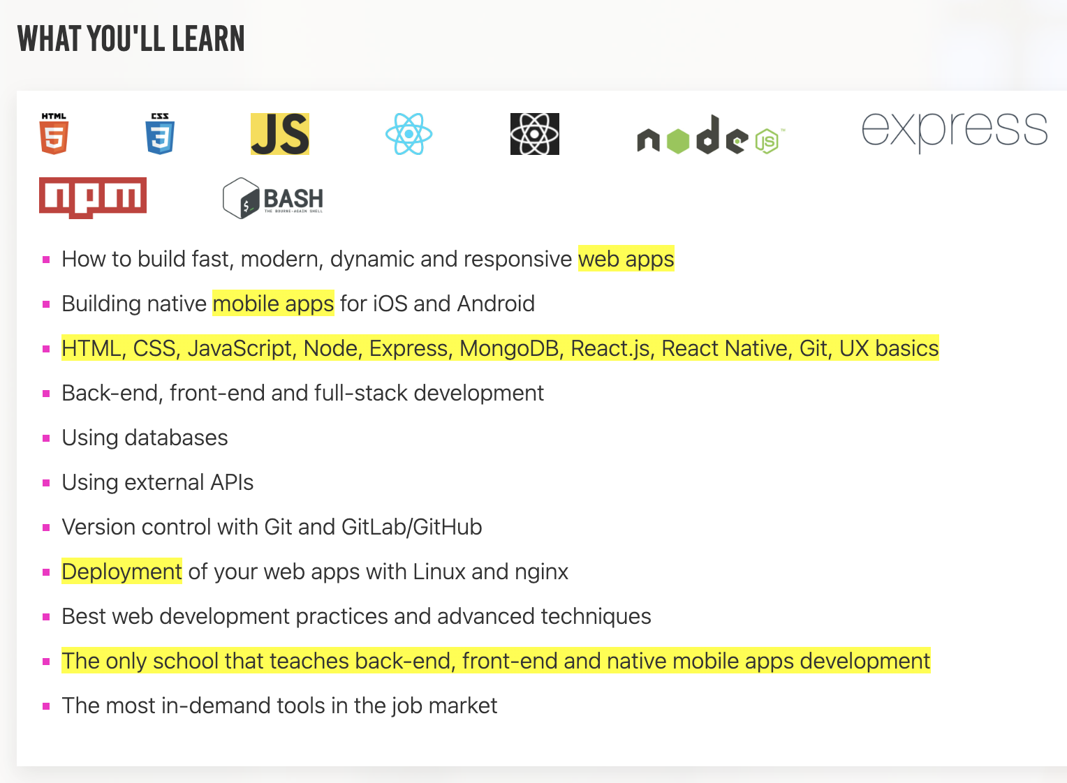 An ad from a bootcamp of things you will learn.