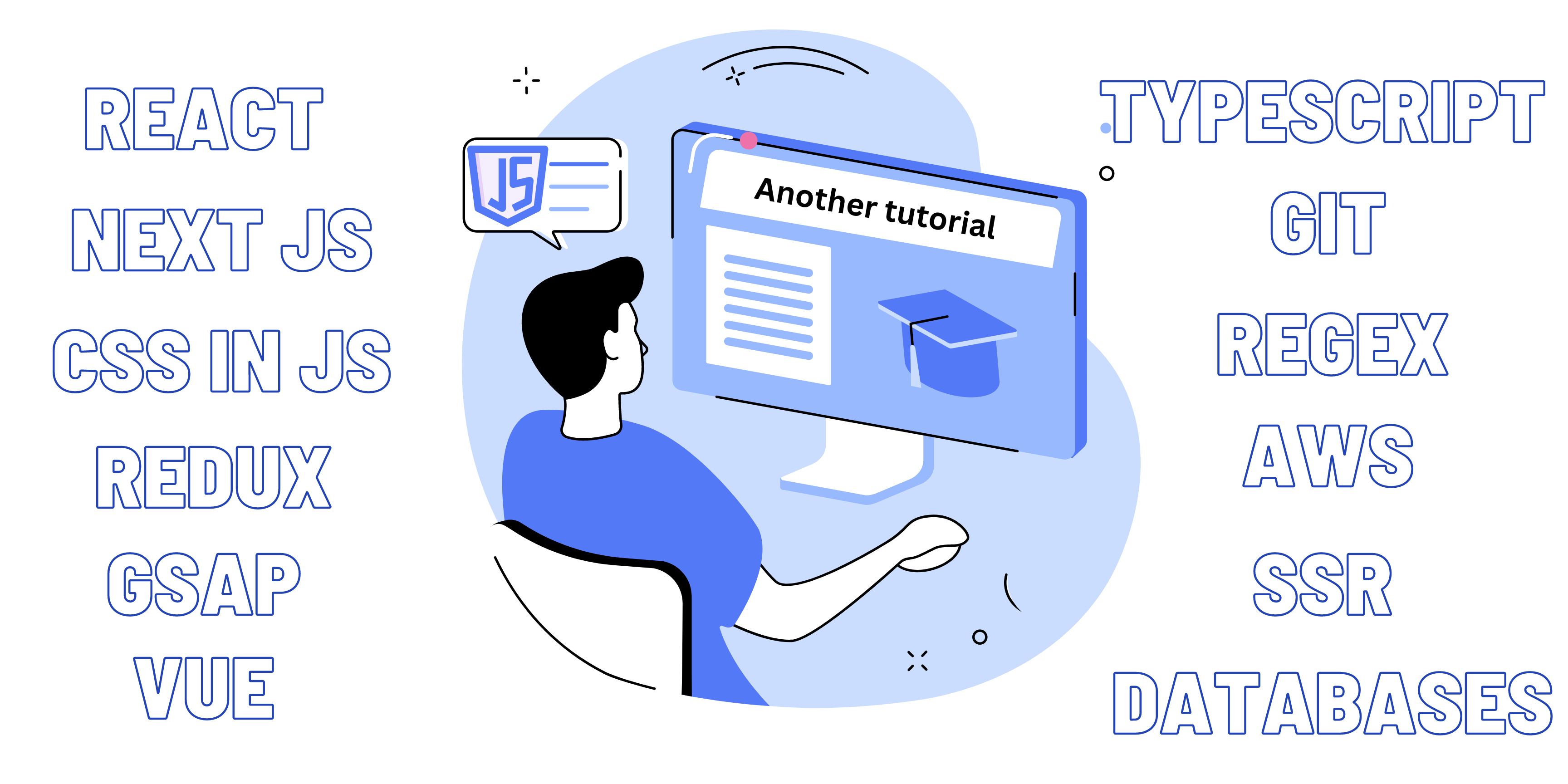 An illustration of someone doing a tutorial, surrounded by headings for different tools: React, Typescript, Next Js, Git, CSS in JS, Redux, AWS, SSR