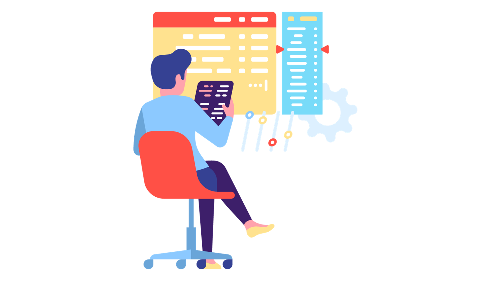 A man sitting at desk looking at a desk with code editor.