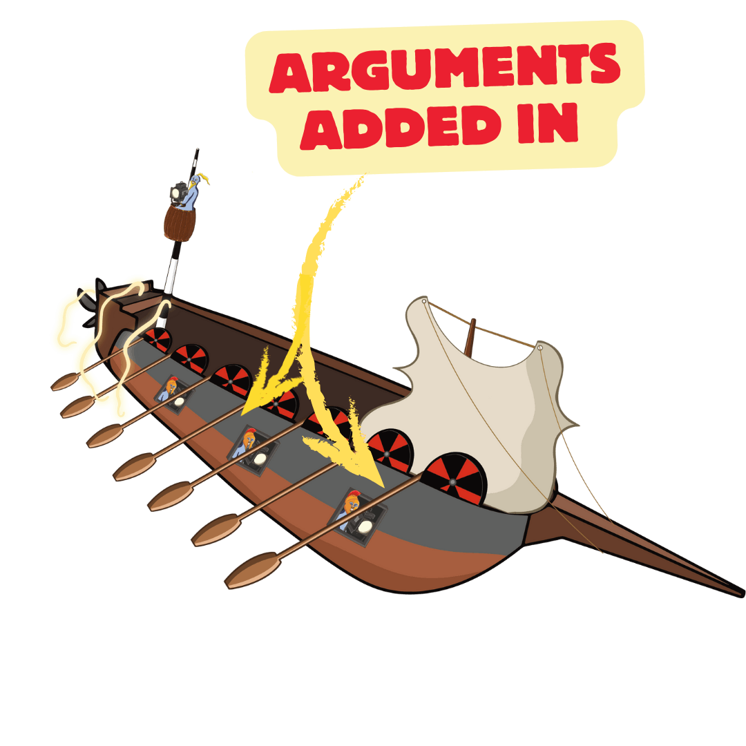 A long flying ship with a row of windows and blue genie faces inside, with arrows pointing at them and text "Arguments added in"