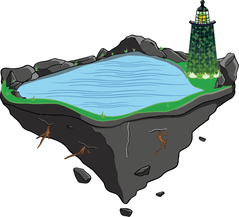 An image of a floating isle, with a lighthouse and pool of water.