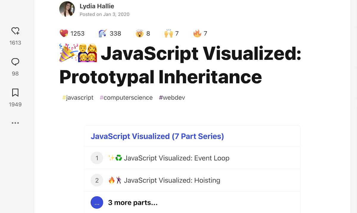 Screenshot from the Dev.to publication, with the title: JavaScript Visualized: Prototypal Inheritance