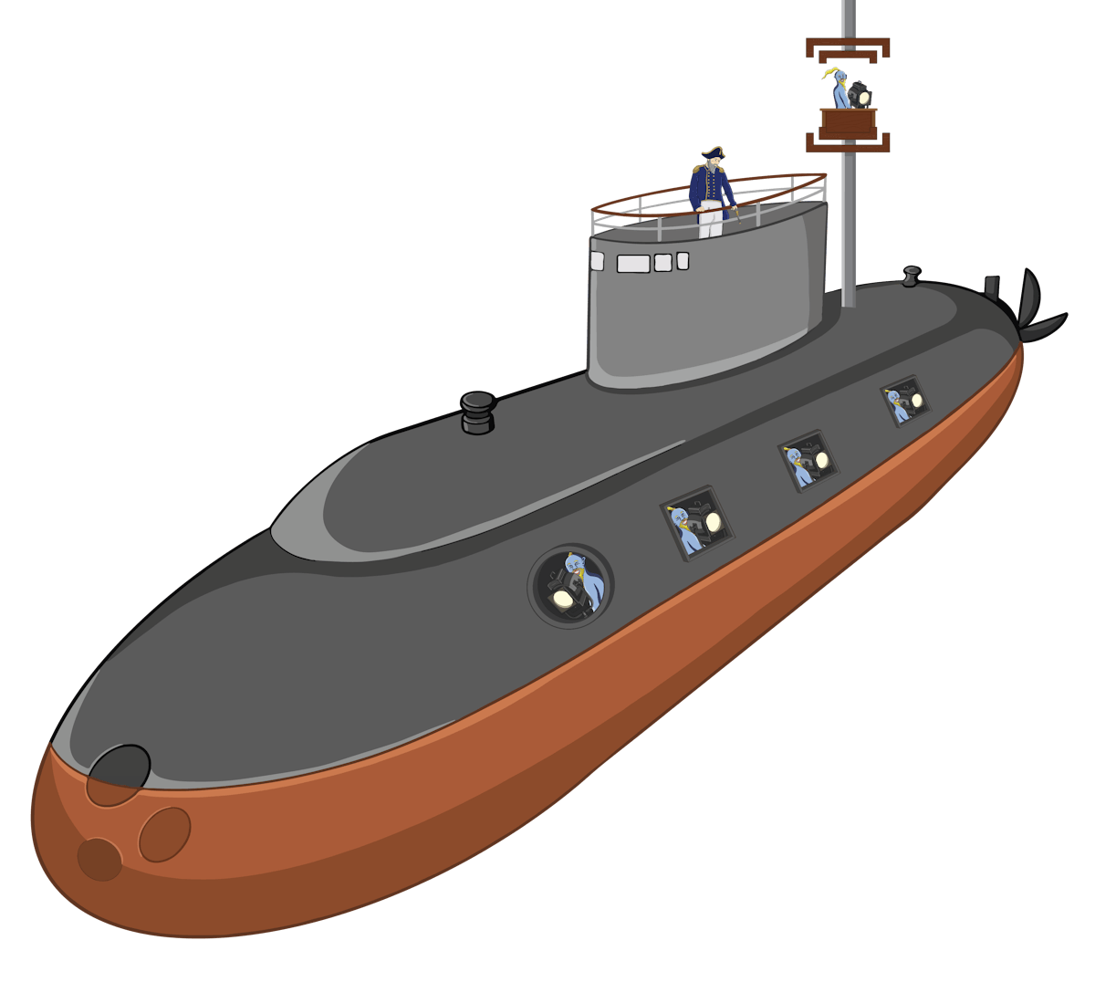 A flying submarine ship representing an array.