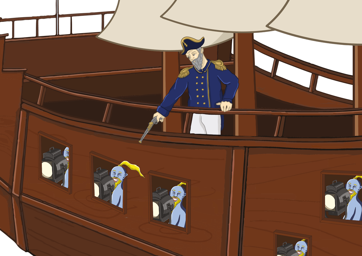 Ship captain points his gun at crew members.