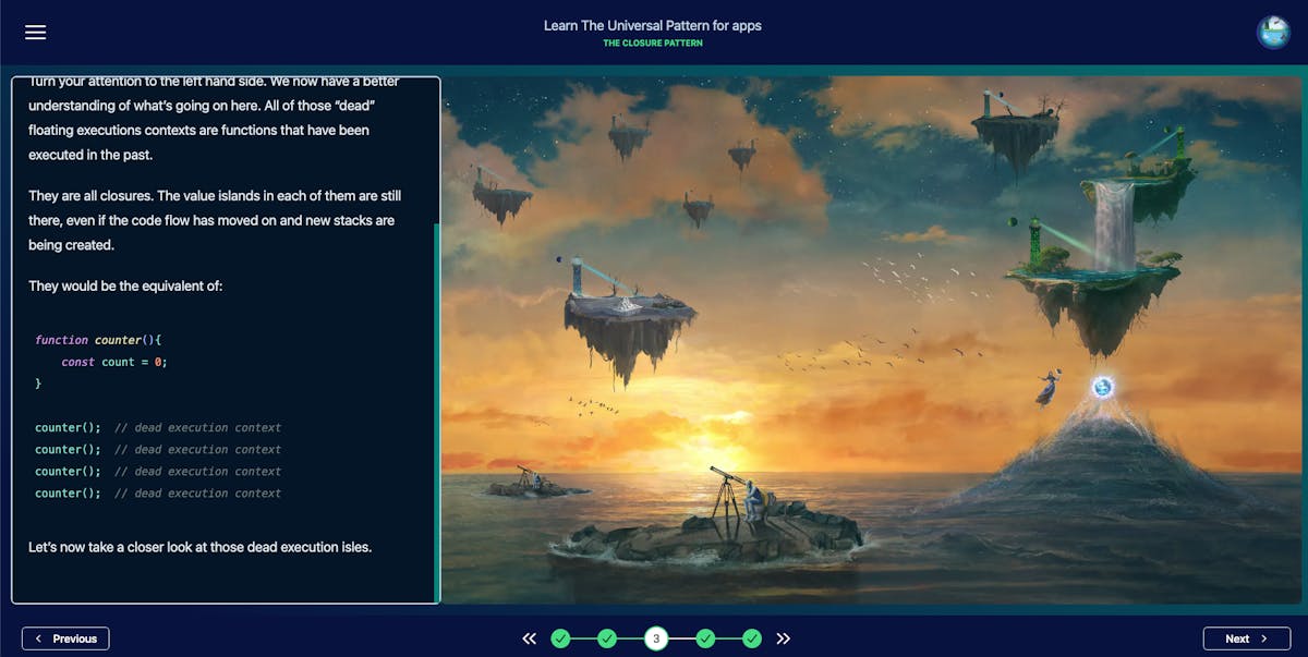 Screenshot from The Syncer Program course platform, showing a box with text and code next to a large illustration of an ocean and floating islands in the sky.