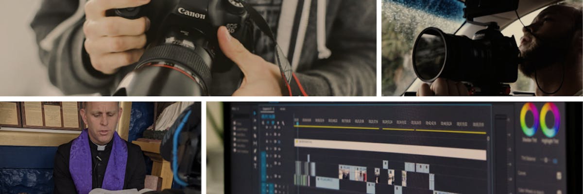 An image with 4 images that include of a camera, Someone filming, a priest preaching, and a computer monitor with a video editor software.