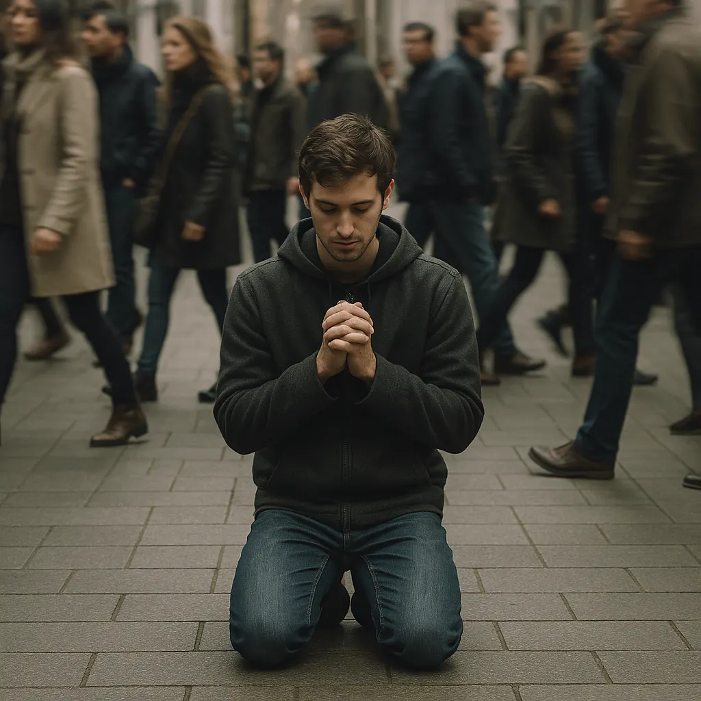 A lone person kneeling