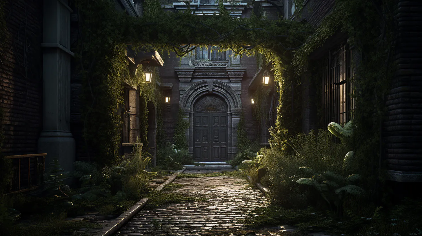 A dark alleyway with a door, opening up into a beautiful garden.