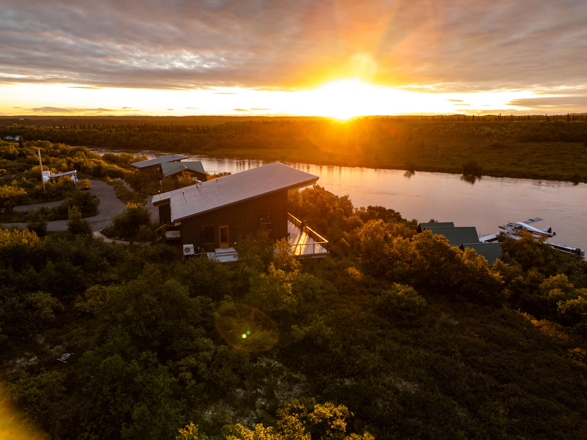 Sunset over The Lodge at 58 North on the Naknek River in Bristol Bay Alaska with floatplane access