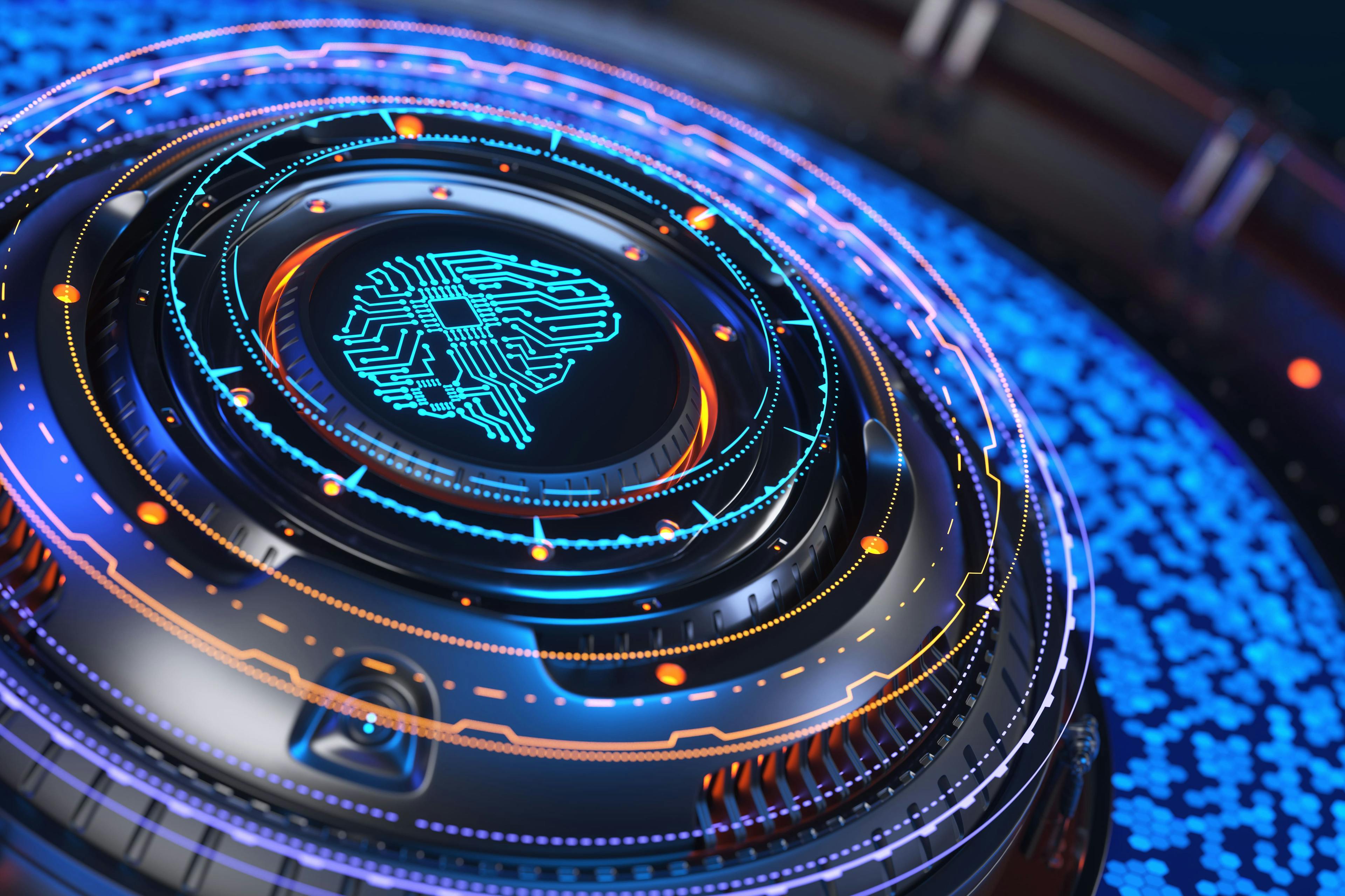 Image of a computer processor with a display on top with a brain displayed on it. It conveys a message of AI.