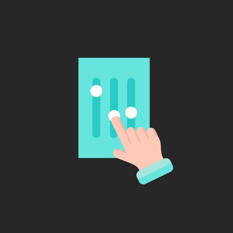 Een slider met drie knoppen en een hand die er een naar boven beweegt.