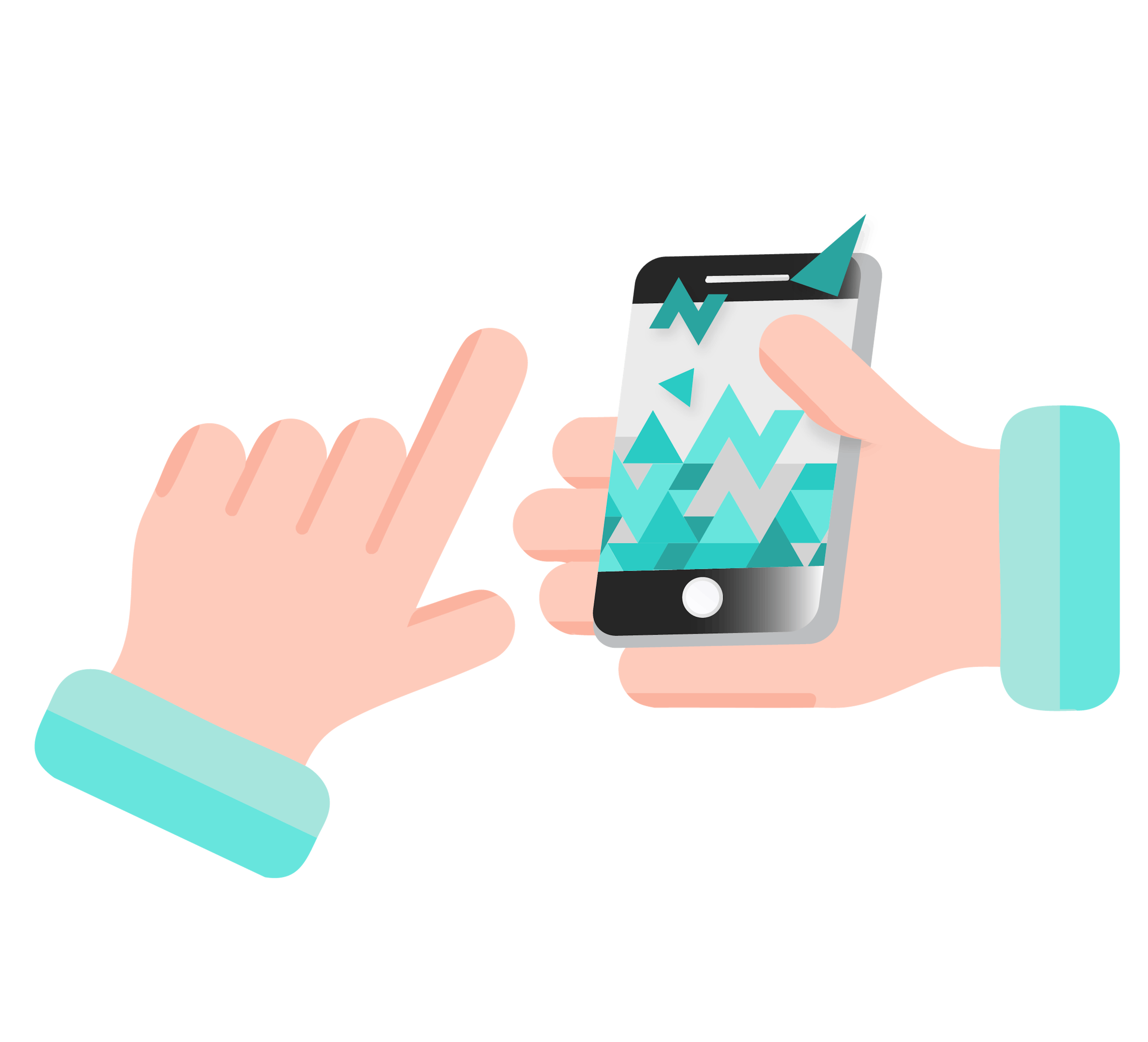 Een hand houd een telefoon vast met het TNG logo en een tweede hand swipet het scherm.