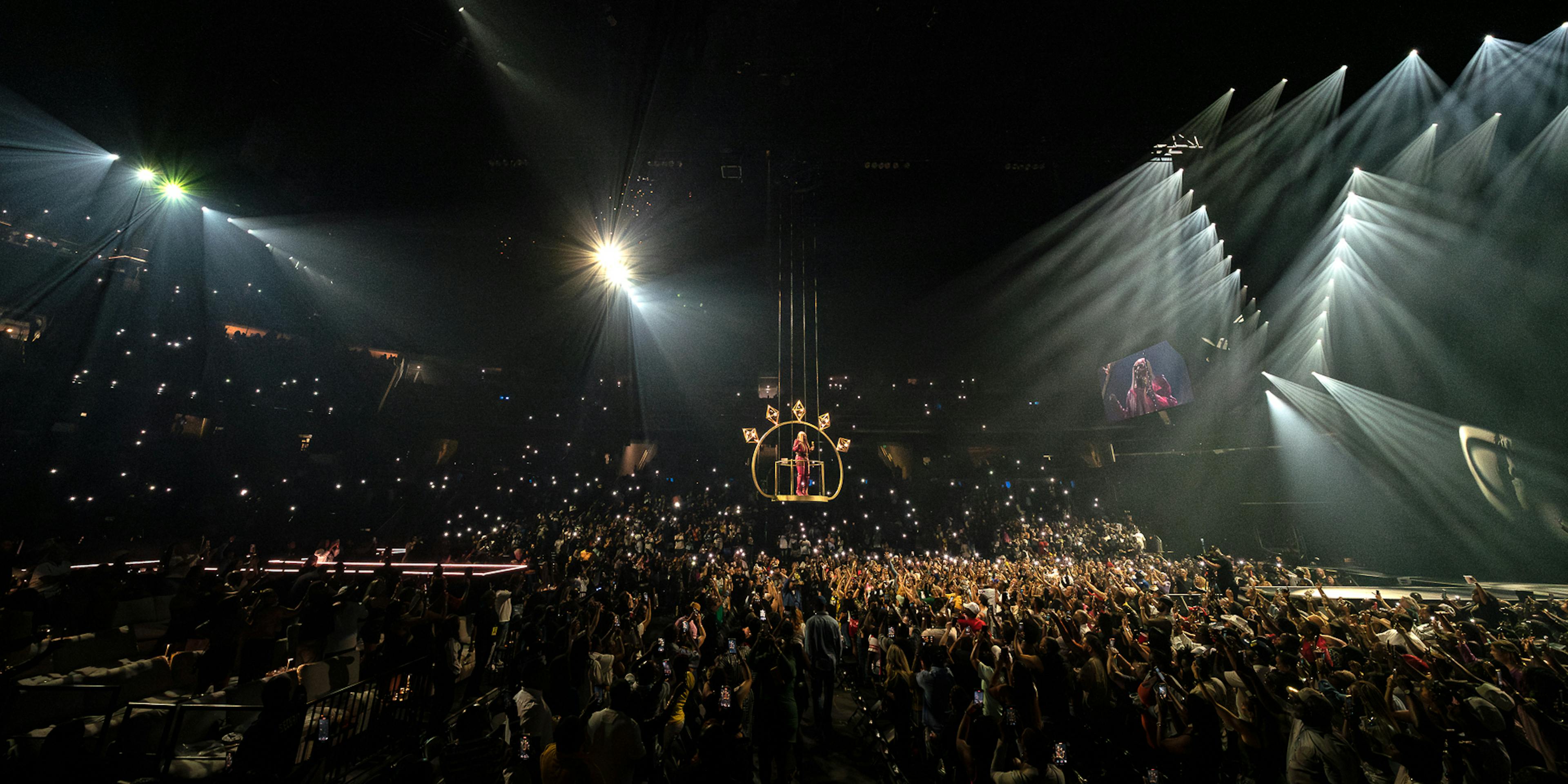 Mary performs on a flown platform