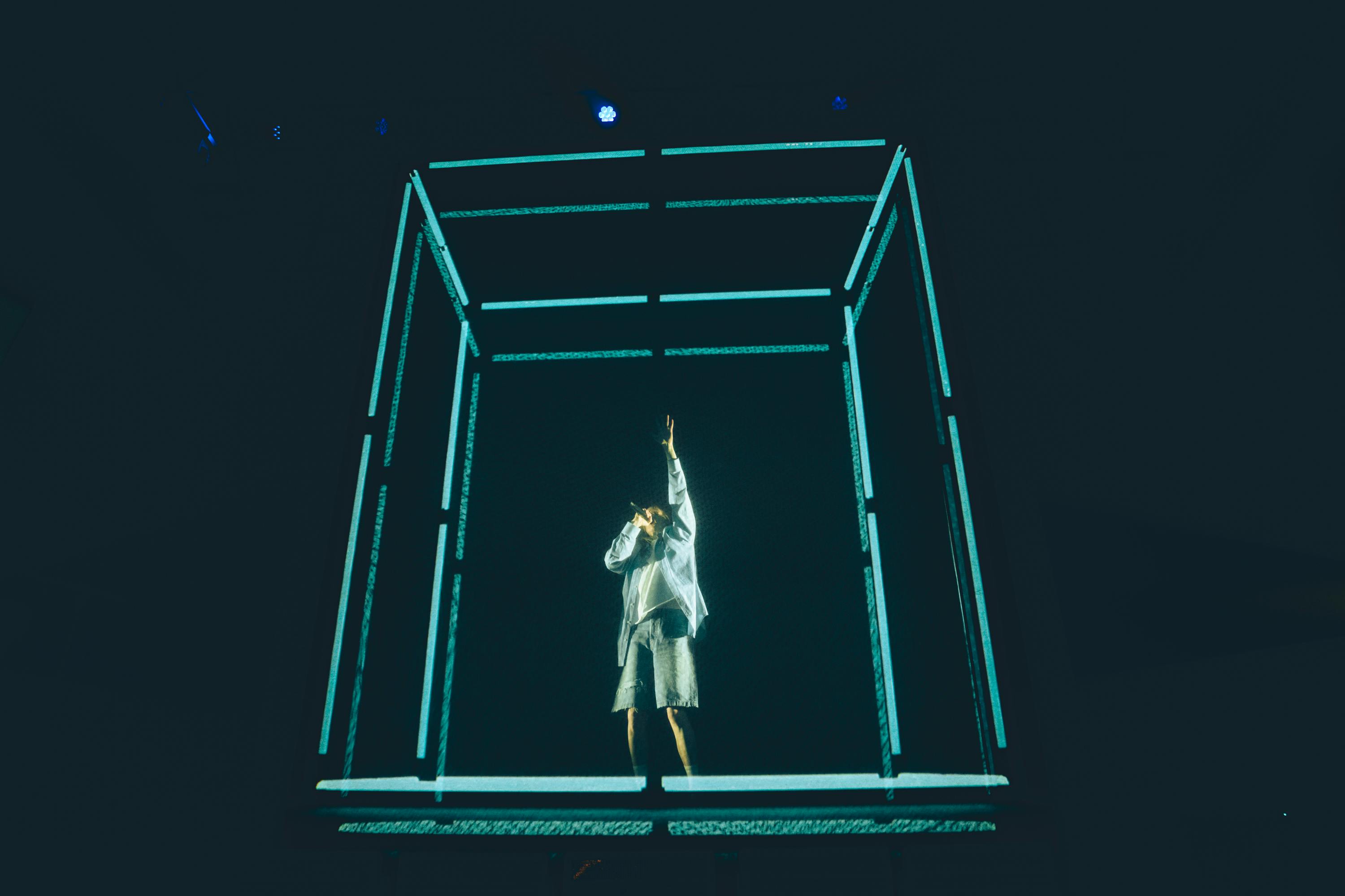 “Floor-to-ceiling projection, optical doubling and strobing light translate hearing loss into form.