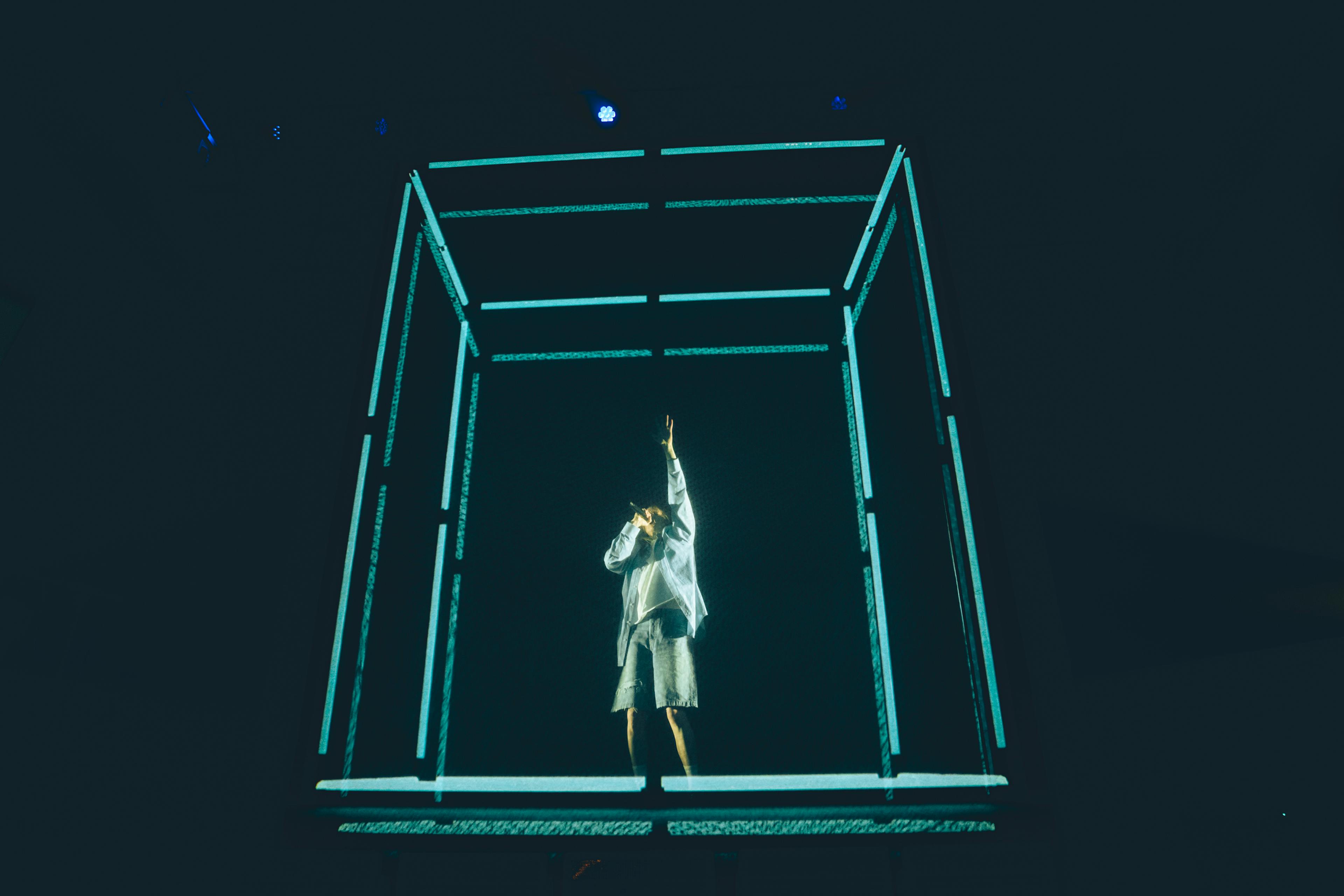 “Floor-to-ceiling projection, optical doubling and strobing light translate hearing loss into form.