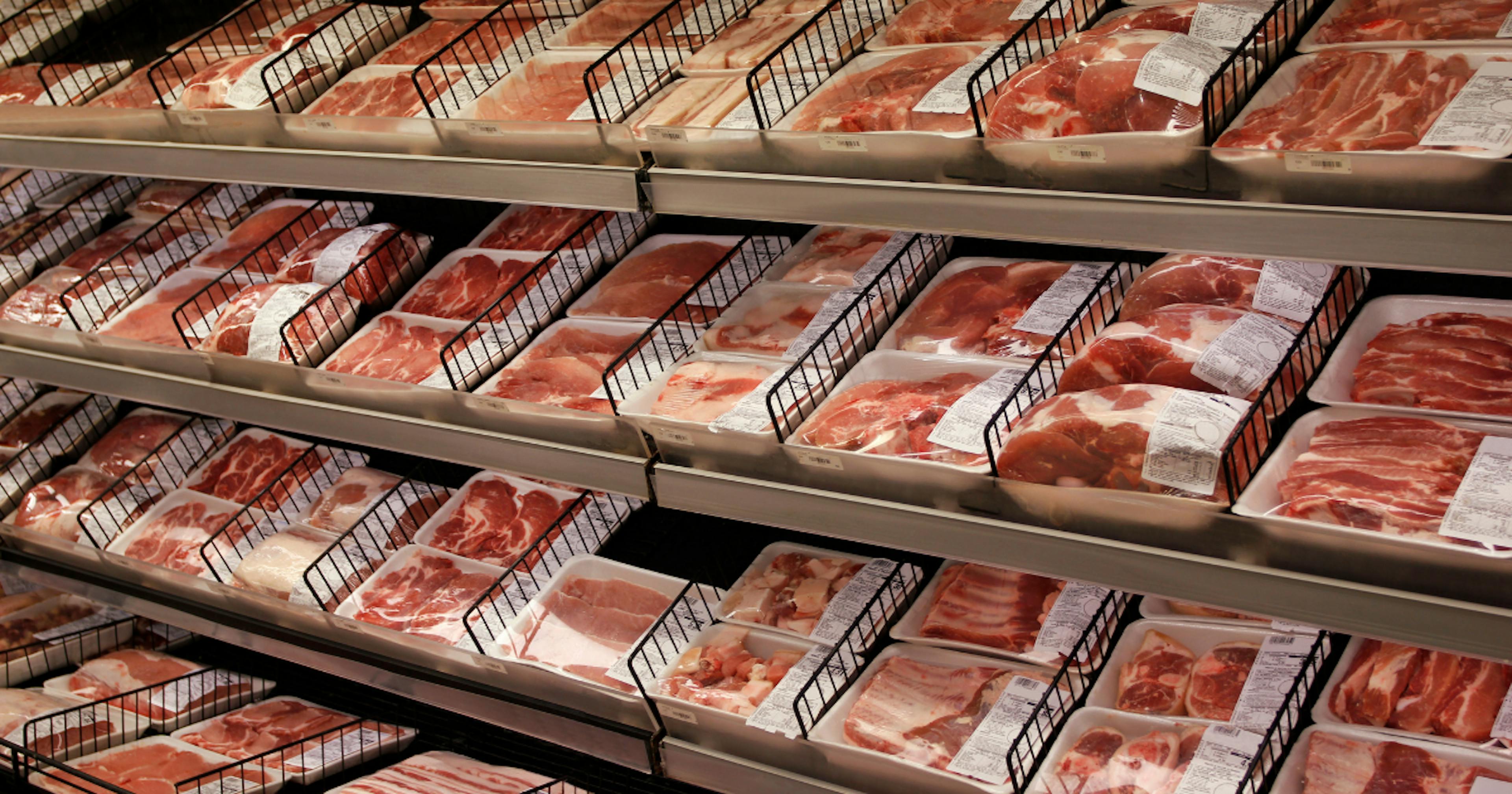 Meat in supermarket shelves