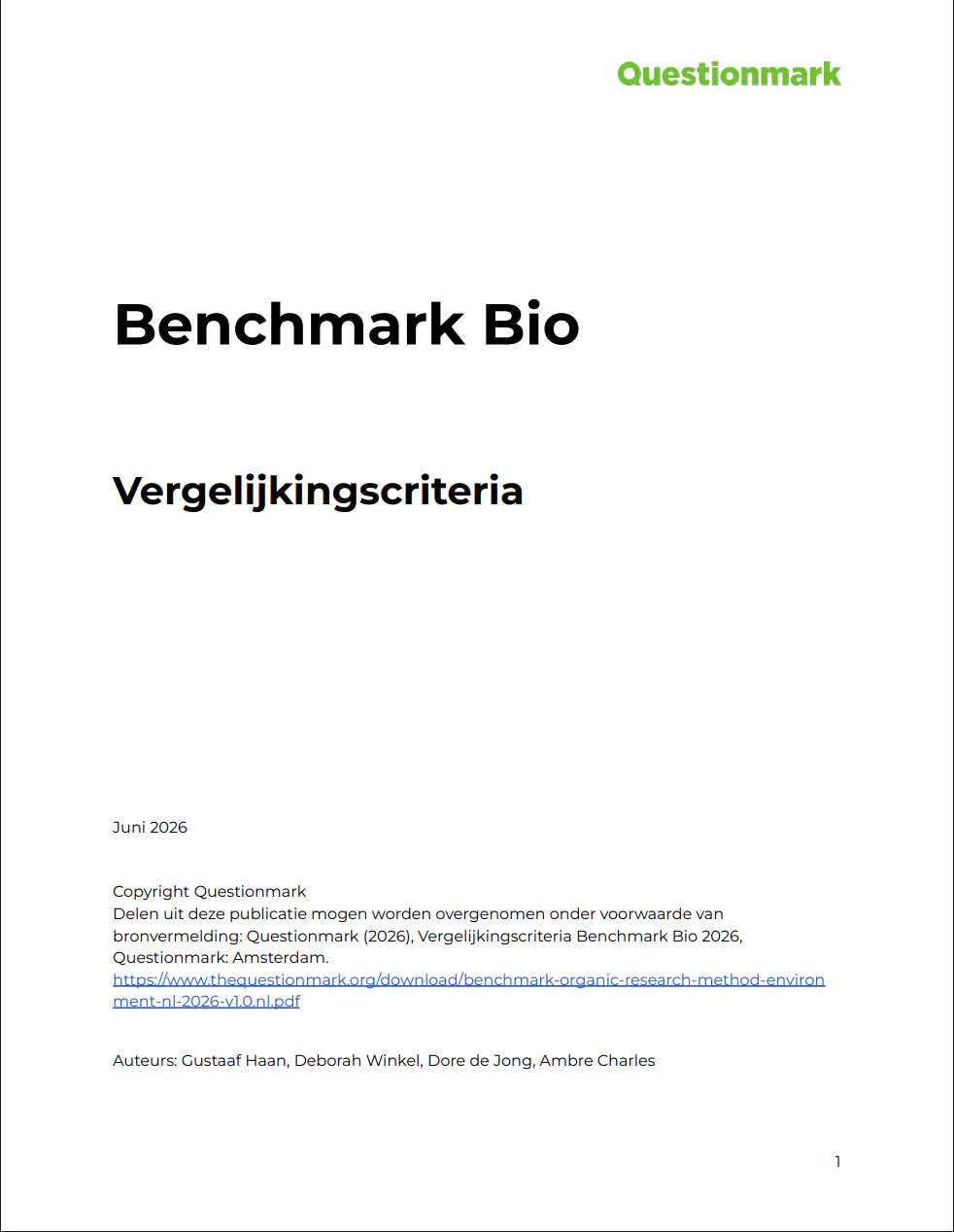 Cover research methodology. Title: Benchmark Bio. Subtitle: Vergelijkingscriteria.