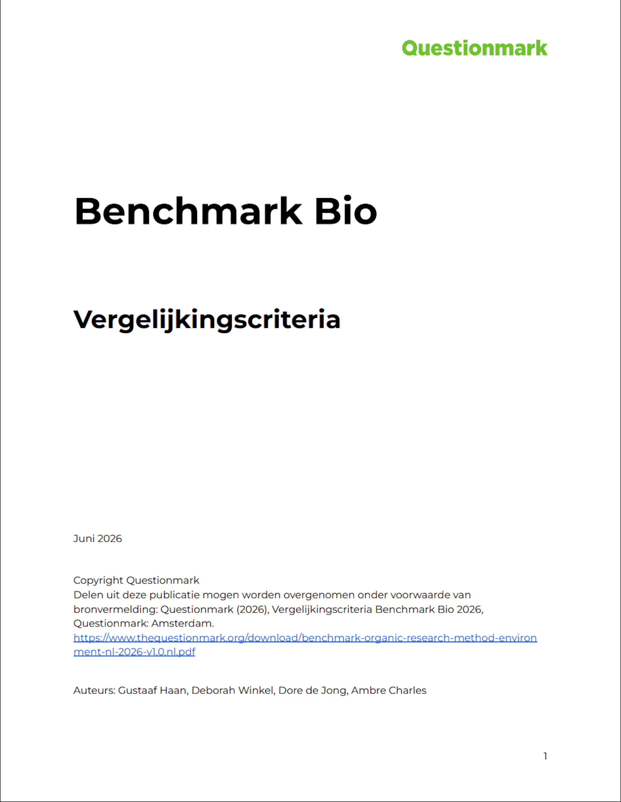Cover research methodology. Title: Benchmark Bio. Subtitle: Vergelijkingscriteria.