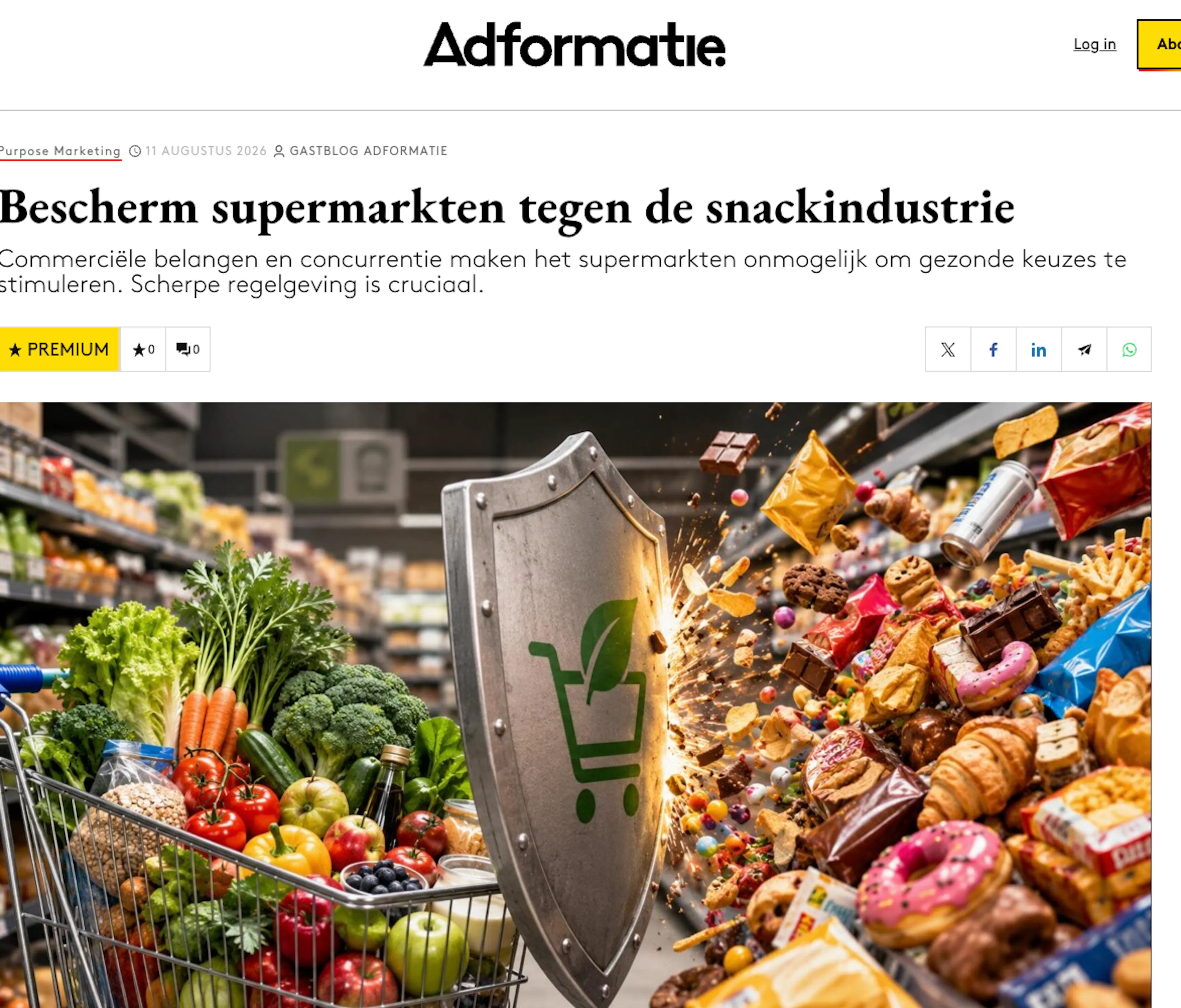 Beeld gecreërd met behulp van ChatGPT: boodschappenwagen en schap met ongezonde snacks met een schild ertussen voor bescherming.