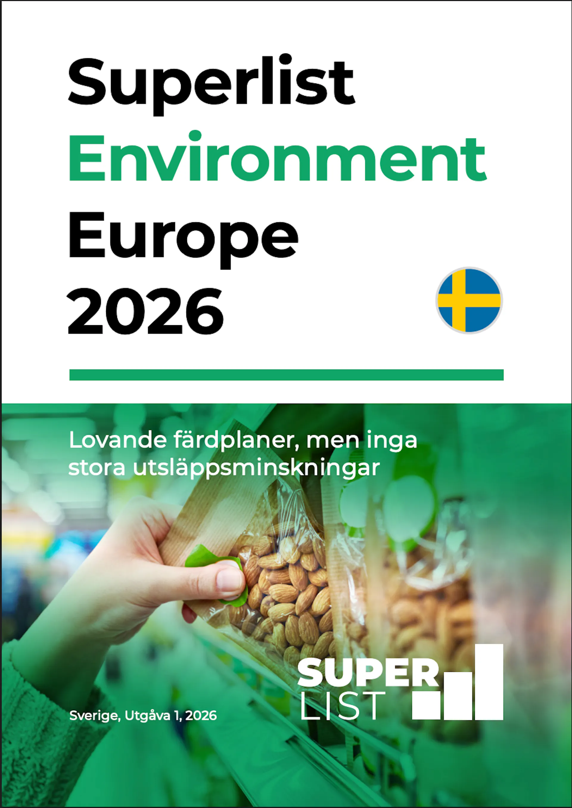 Cover of the Superlist Environment Europe 2026 report for Sweden, showing a shopper reaching for food products.