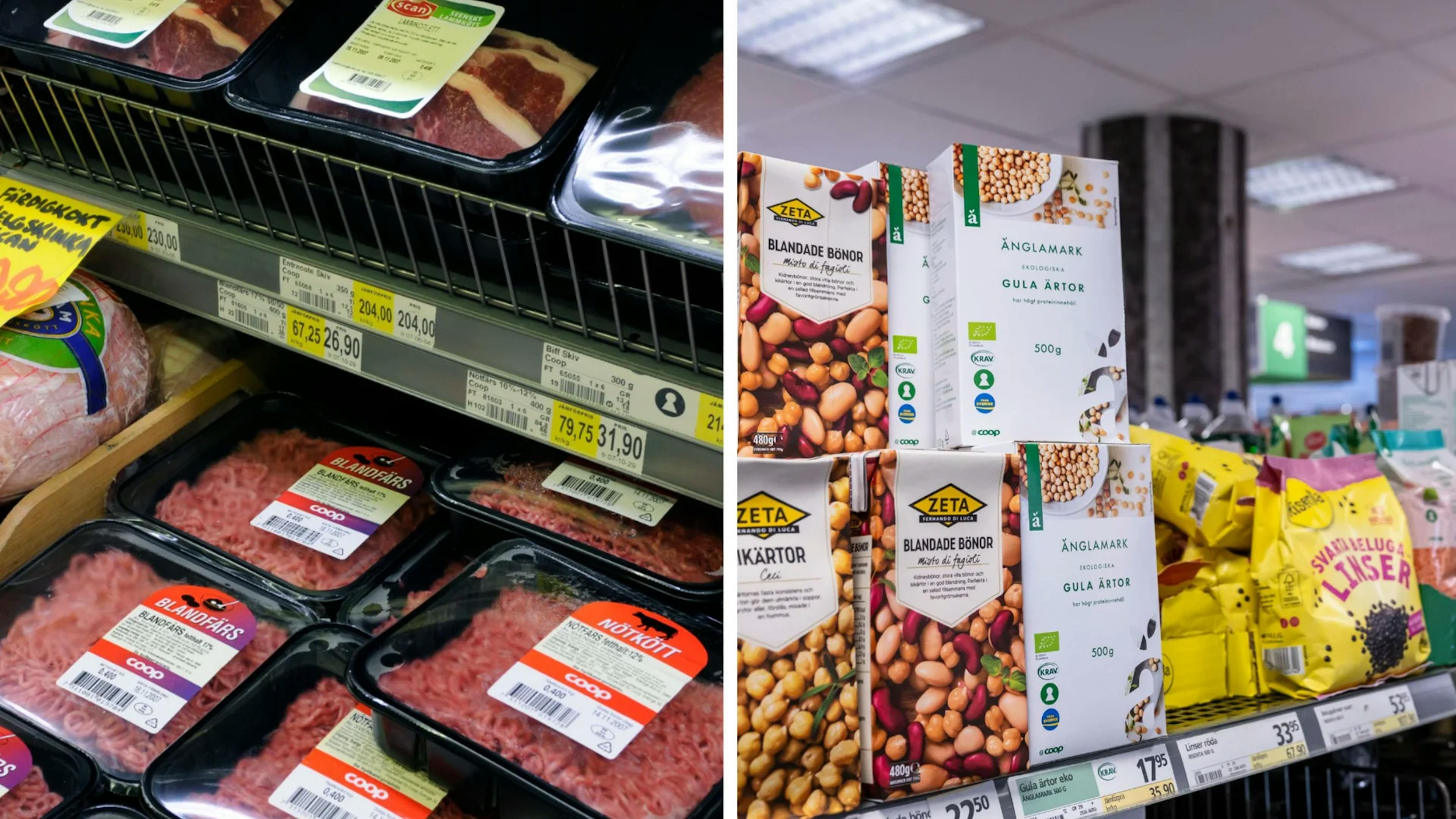 meat and pulses in supermarket shelf