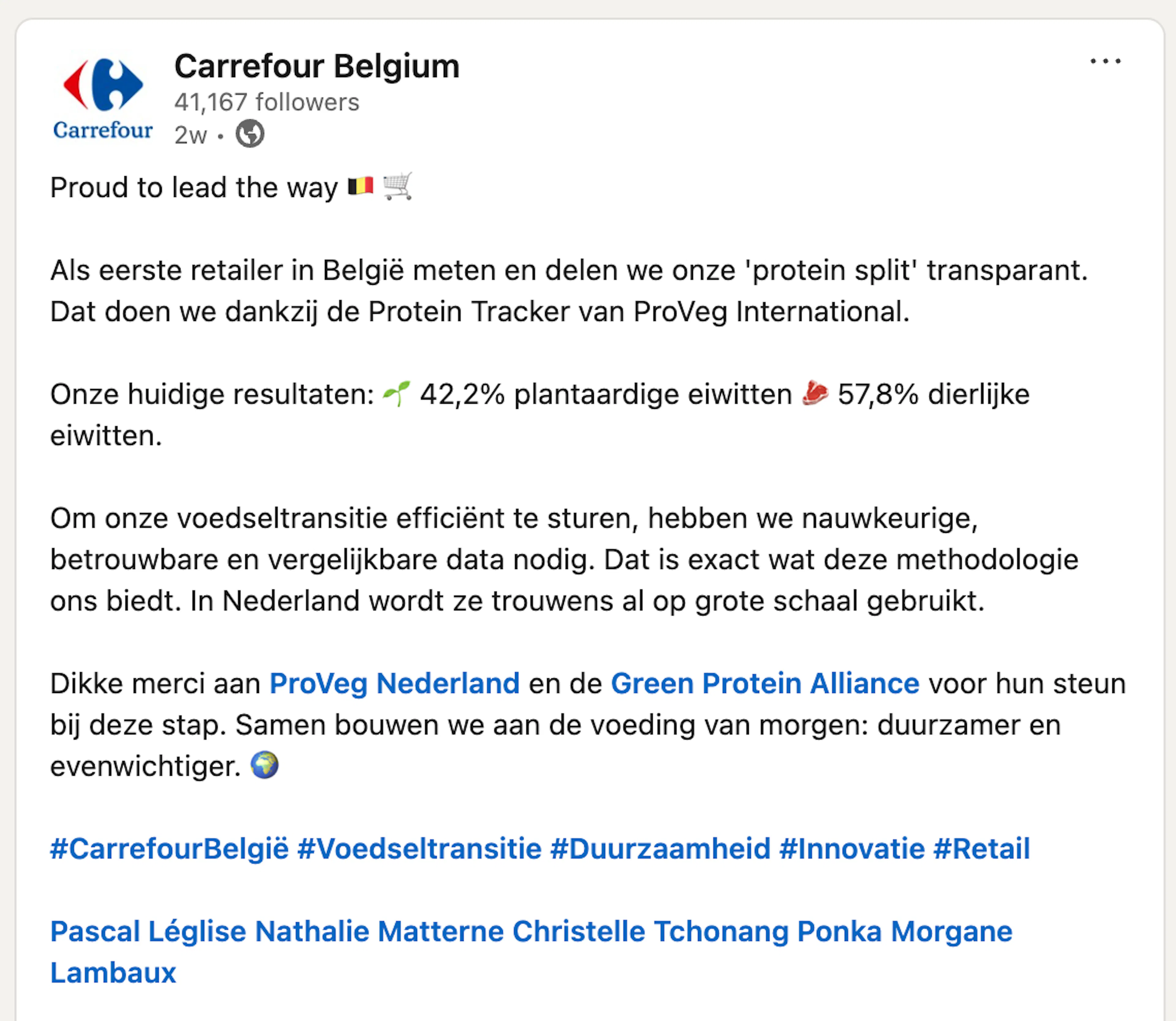 LinkedIn post by Carrefour Belgium on measuring their protein split with Eiweet