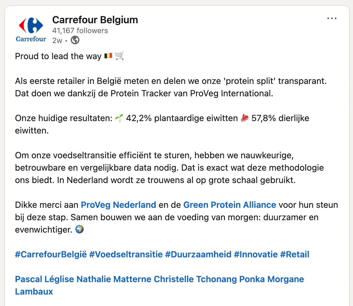 LinkedIn post by Carrefour Belgium on measuring their protein split with Eiweet