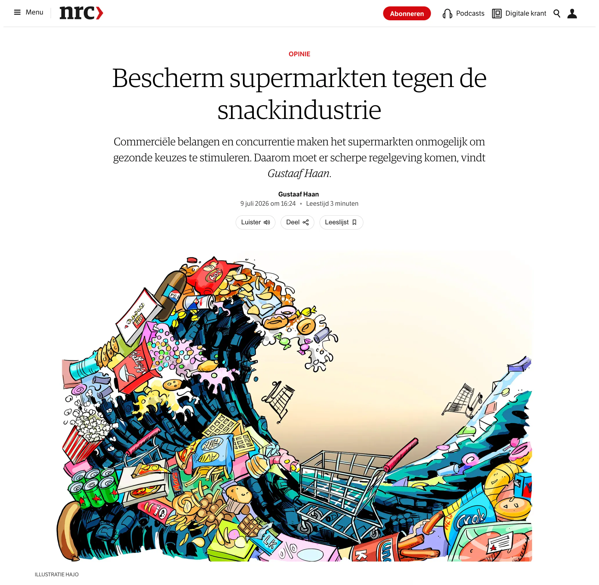 Screenshot opiniestuk 'bescherm supermarkten tegen de snackindustrie'