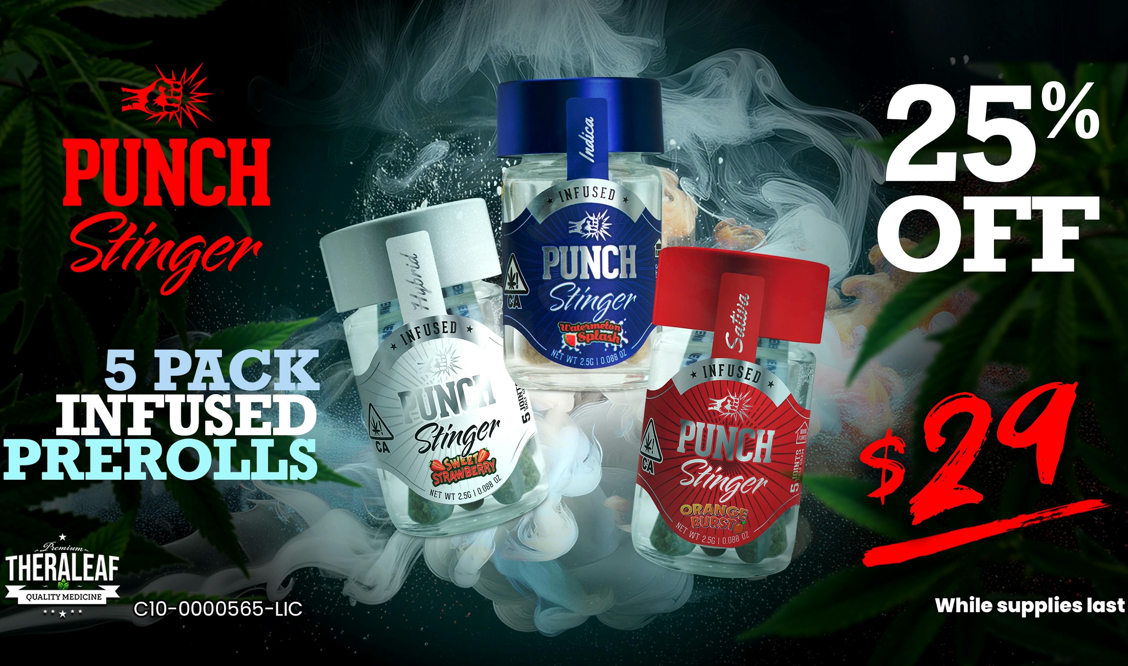 25% Off Punch Stinger 5 Pack infused prerolls only $29