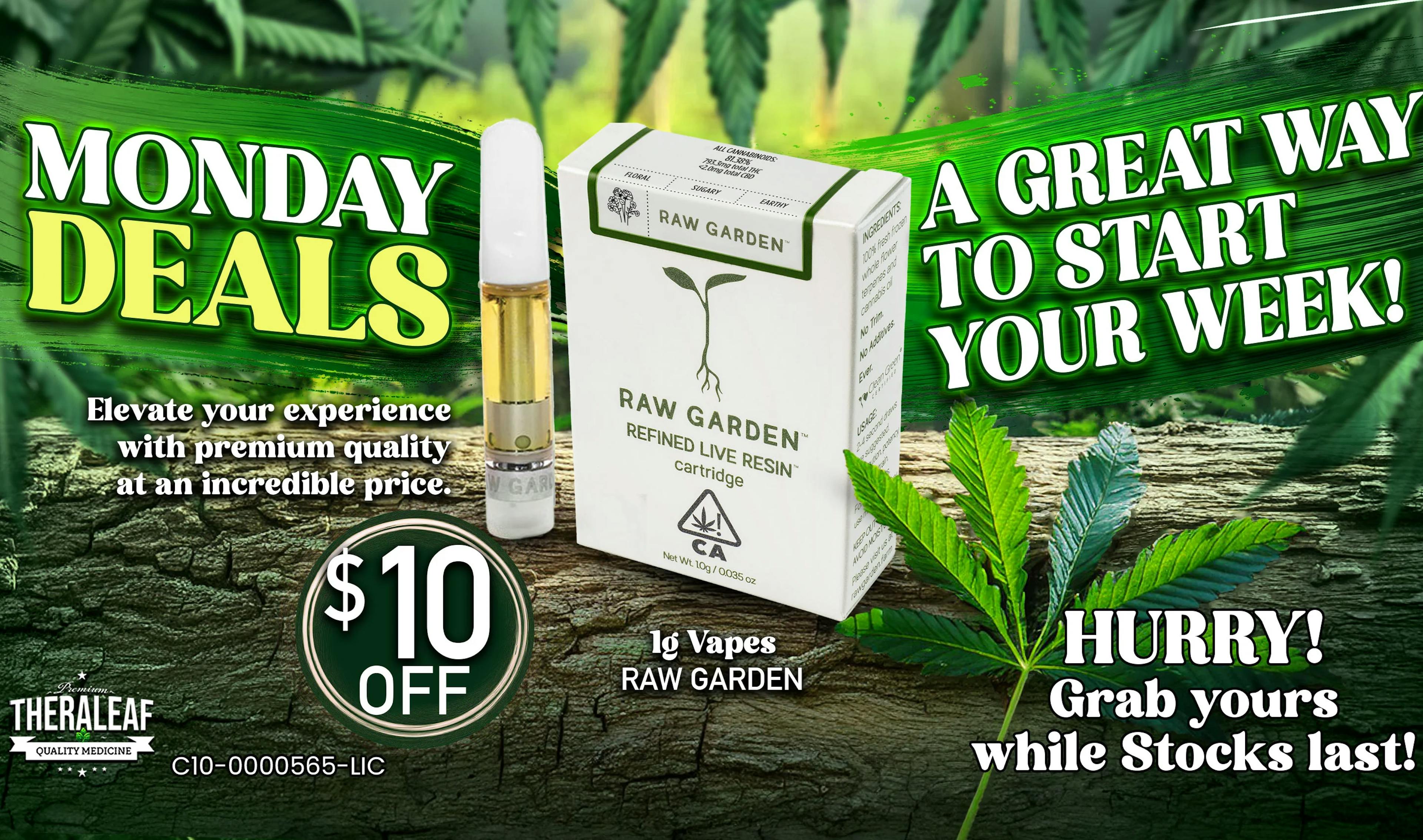 $10 off Raw Garden 1g Live Resin Cannabis Vapes 