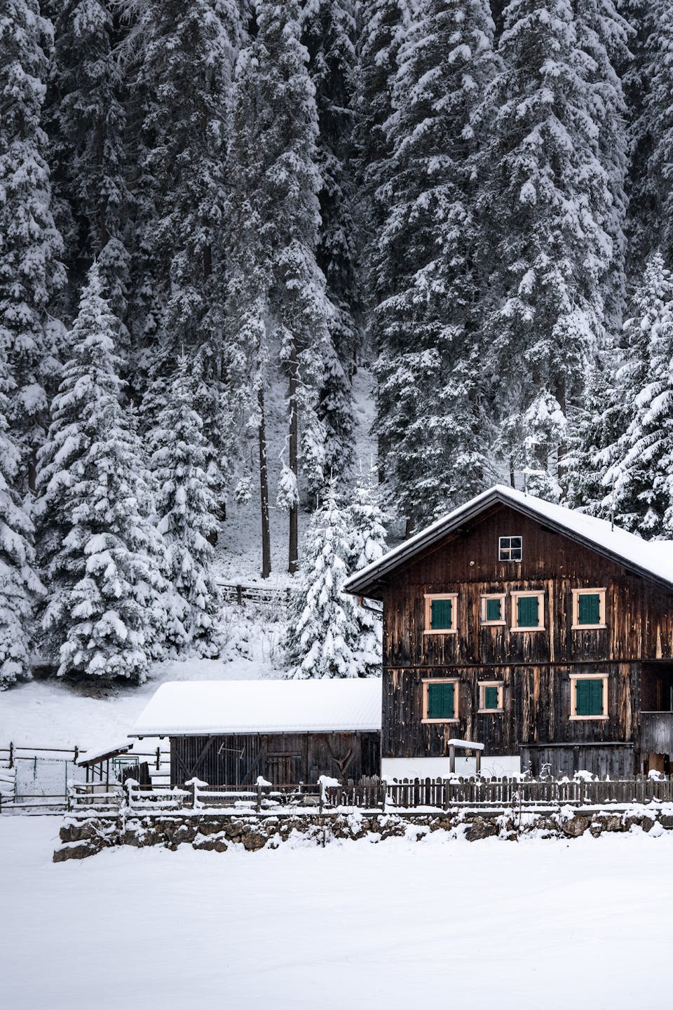 Snowy cabin in the Dolomites