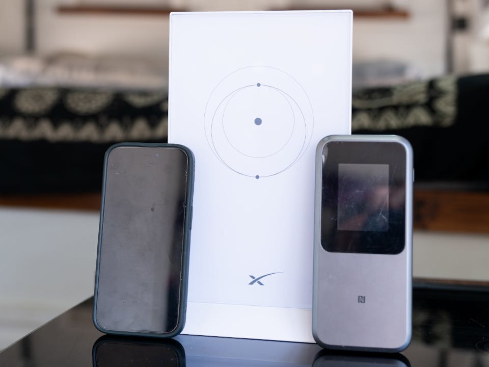 An iPhone 15 Pro, A Starlink Router, A ZTE MU5120 Router