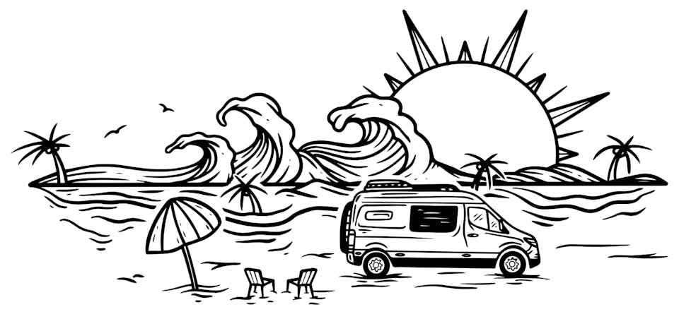 A campervan on the beach in line art 