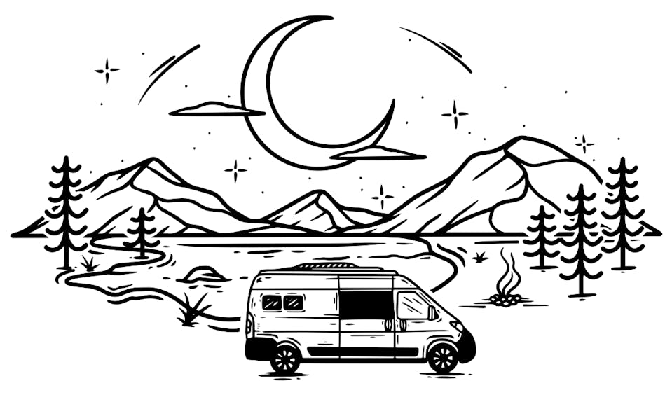 A campervan by a lake at night in line art 