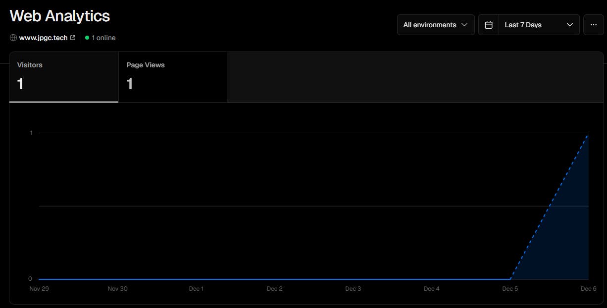 Showing 1 visitor in the Vercel Analytics page