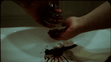 Hands full of blood in a sink