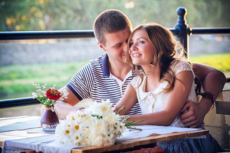 At sunset, in a restaurant