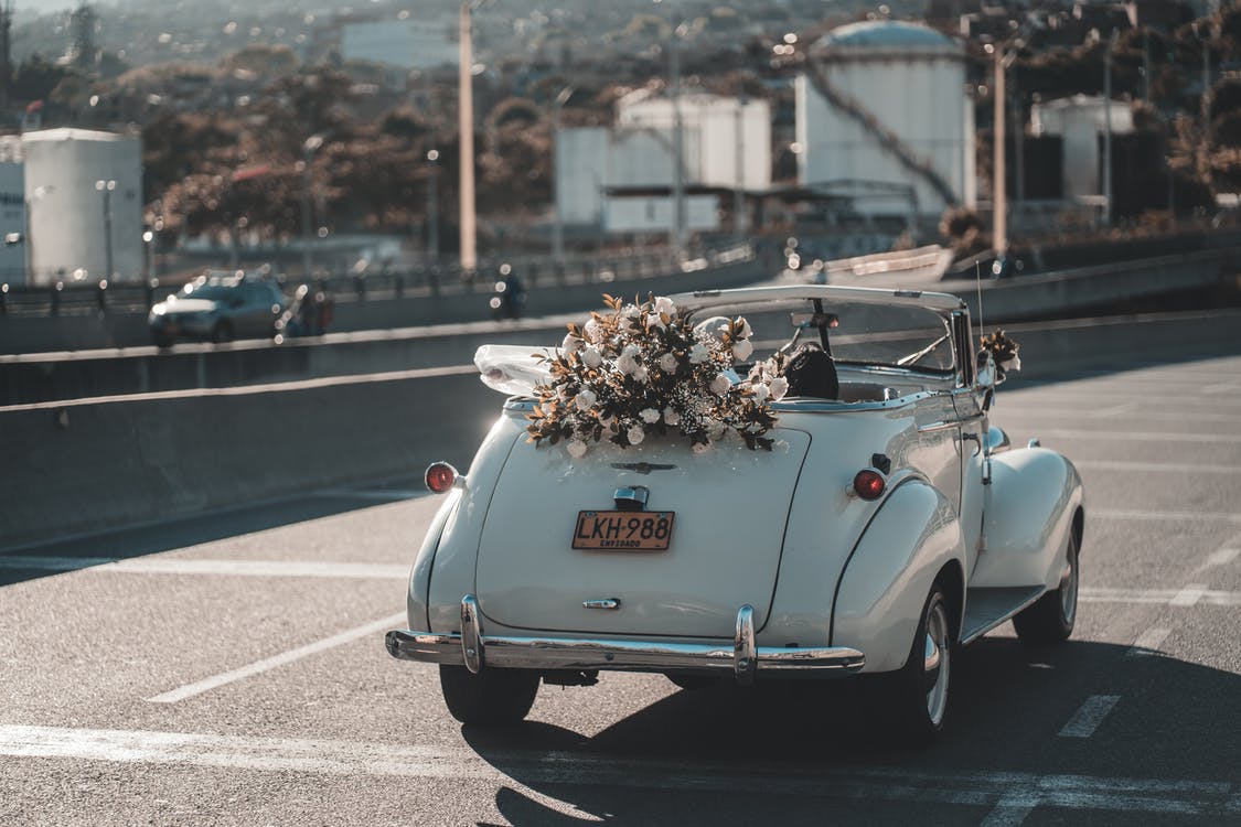 Wedding car with beautiful decorations of blue flowers - Stock Image -  Everypixel