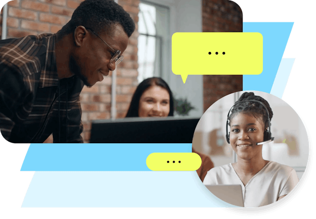 Image of a woman with a headset smiling while talking to someone