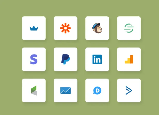 Icons of services like Linkedin, Paypal, Stripe and Mailchimp