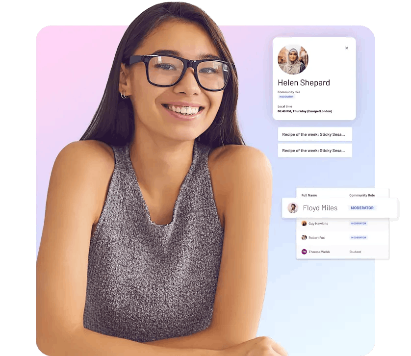 Person smiling with sample photos of community moderator role