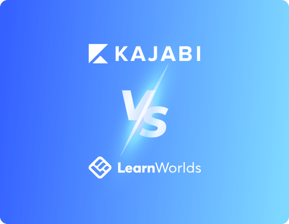 The logos of Kajabi vs LearnWorlds, with a blue backdrop.